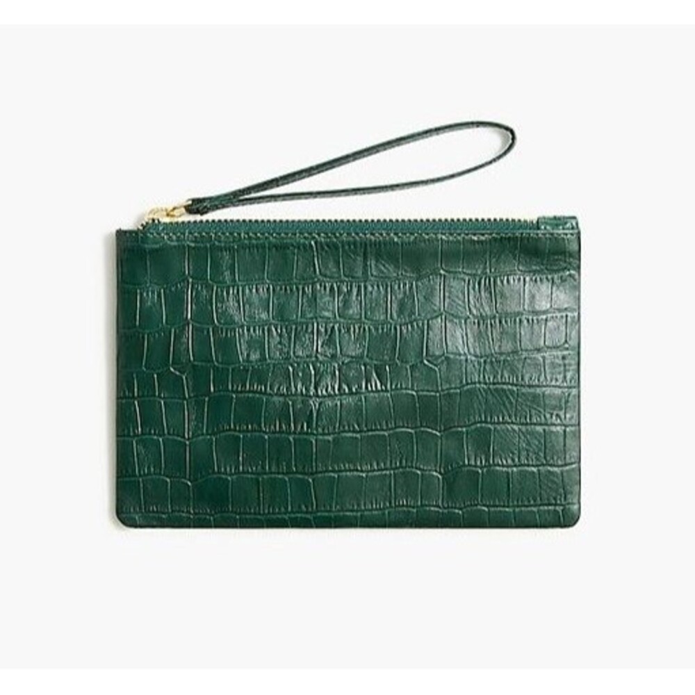 J. Crew Crocodile Embossed Leather Wristlet Clutch Green NWT